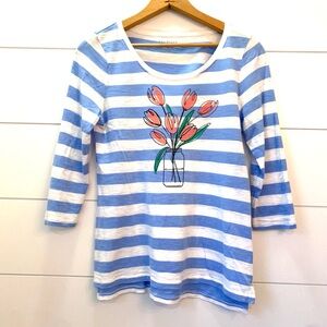 TALBOTS Blue and White Striped Top with Tulip Design (size Small)